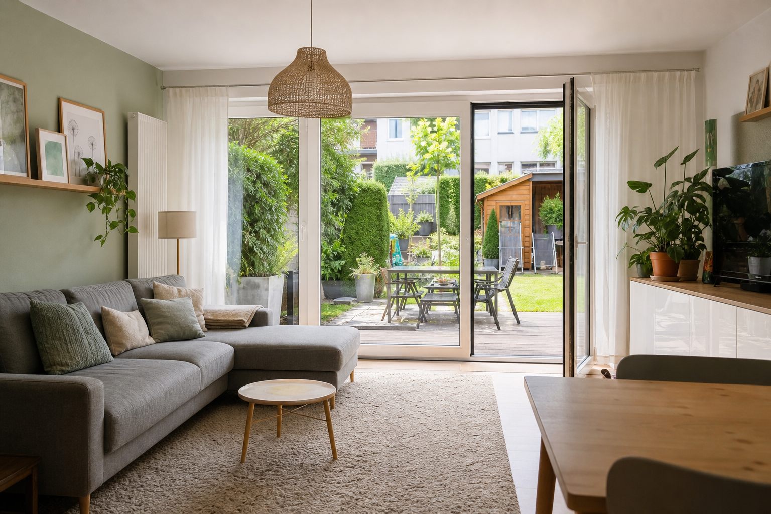 Helles Wohnzimmer mit Zugang zur Terrasse und zum Garten